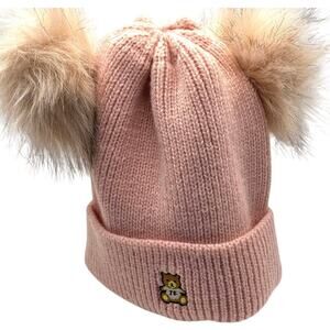 Kawaii Knit Pastel Pink Beanie Beige Faux Fur Pom Poms Embroider Bear Cutecore